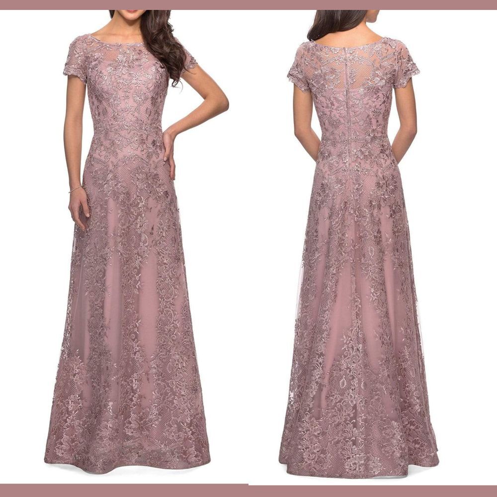 NEW $578 La Femme [ 12 ] Illusion Neckline Lace‎ Ornate A-Line Gown Mauve #J590